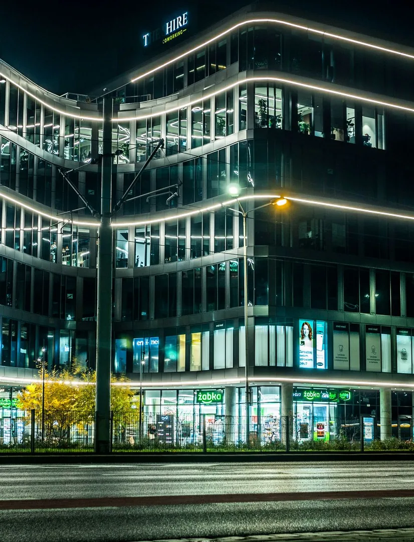Illuminated commercial building at night